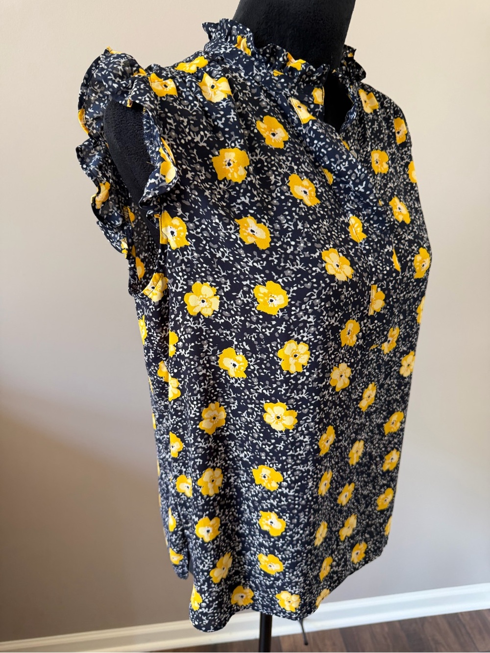 LOFT Navy Floral Ruffle Cap-Sleeve Blouse - Yellow Flower Print Medium - Picture 5 of 10
